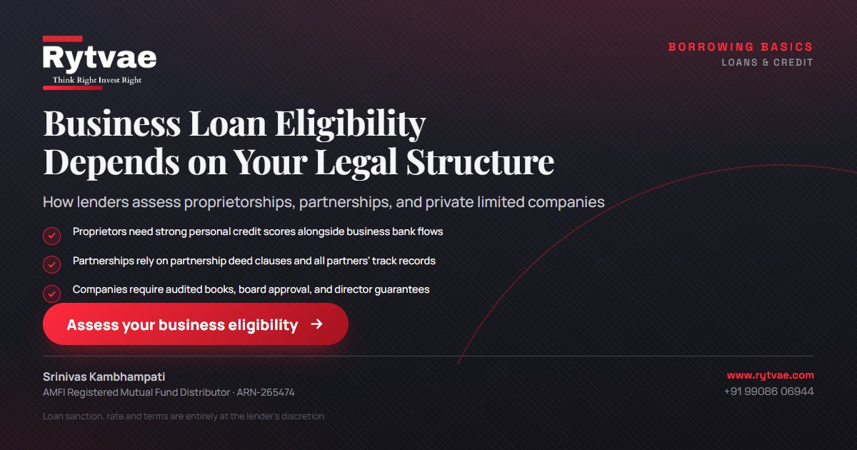 Informational graphic comparing business loan eligibility requirements for sole proprietorships, partnership firms, and private limited companies in India.