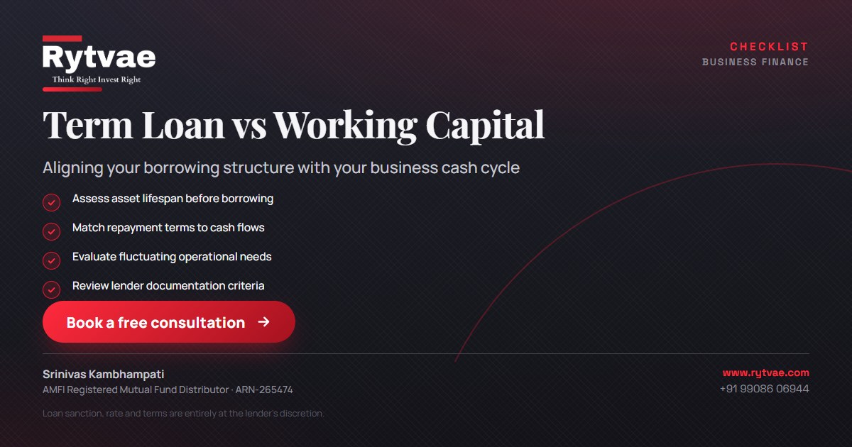 Poster titled Term Loan vs Working Capital, highlighting the operational differences between long-term asset financing and short-term operational credit lines.