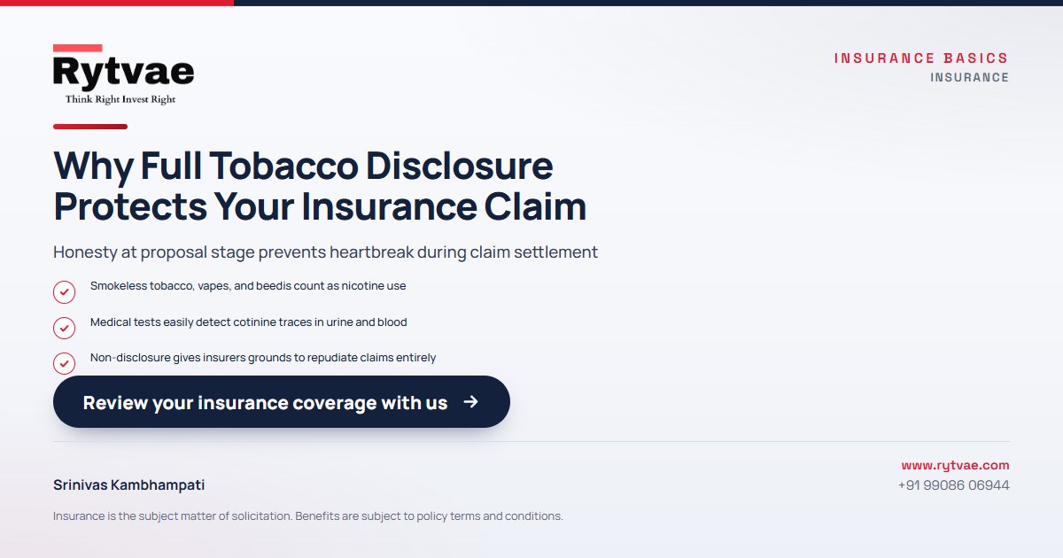 Informational graphic titled Why Full Tobacco Disclosure Protects Your Insurance Claim, explaining that smokeless tobacco and vapes count as nicotine, medical tests detect cotinine traces, and non-disclosure leads to claim repudiation.
