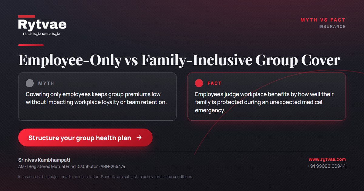 A two-column Myth versus Fact layout titled Employee-Only vs Family-Inclusive Group Cover. The Myth column states that covering only employees keeps group premiums low without impacting workplace loyalty. The Fact column clarifies that employees judge workplace benefits by how well their family is protected during an unexpected medical emergency.