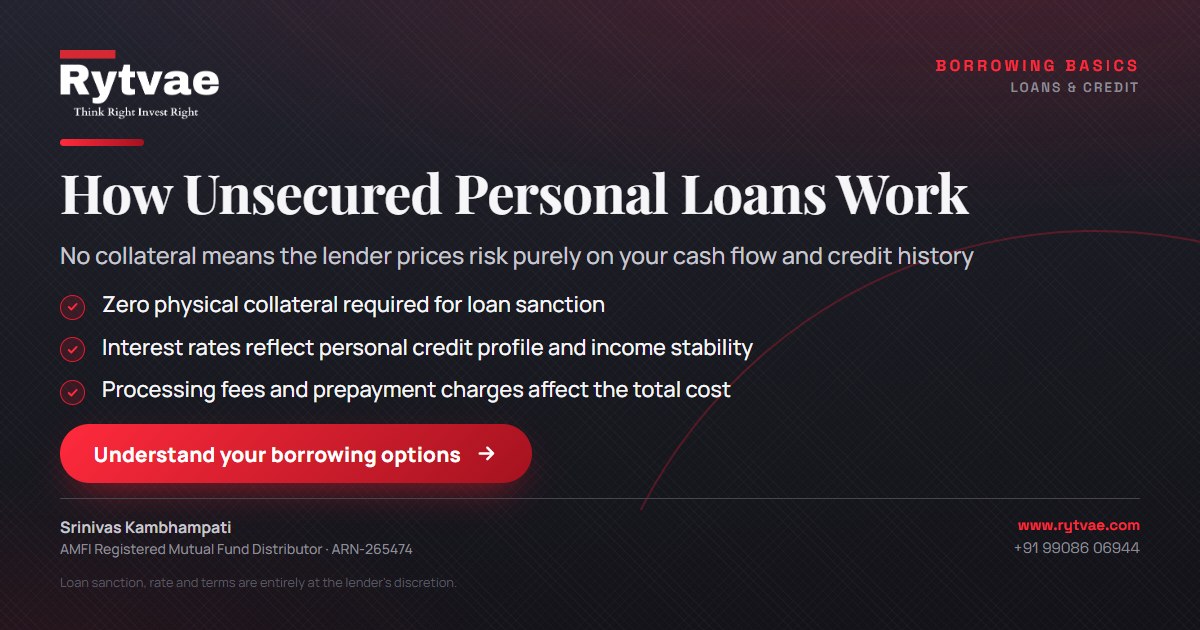 Navy and white educational layout titled How Unsecured Personal Loans Work, detailing that lenders assess risk without collateral using credit history, income stability, and fees.