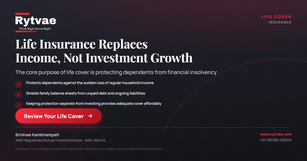 Educational graphic titled Life Insurance Replaces Income, Not Investment Growth. It emphasizes that life cover transfers catastrophic earning risk to an insurer, protecting dependents from debt and loss of income.
