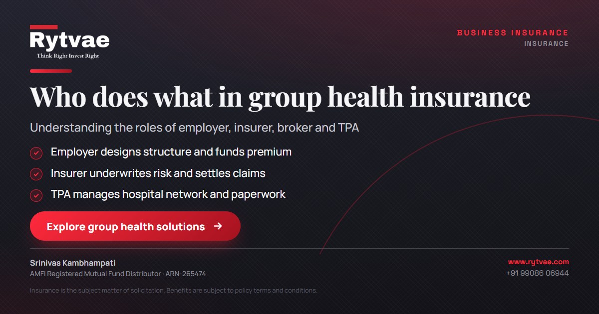 A clean educational graphic highlighting the four key stakeholders in group health insurance: Employer, Insurer, Broker, and TPA, with text explaining their distinct responsibilities.