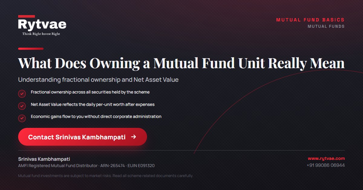 Informational poster titled 'What Does Owning a Mutual Fund Unit Really Mean' explaining proportional ownership, Net Asset Value calculations, and economic rights under a trust structure.